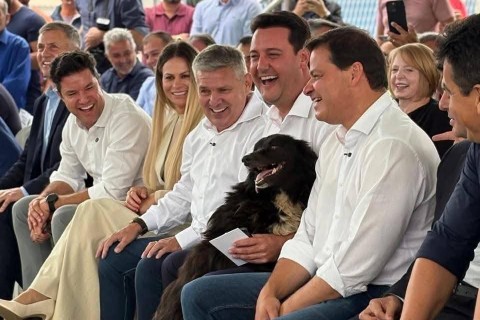 Cachorro invade cerimônia e vira destaque durante  inauguração de rodovia  no Paraná